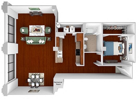 Floor plan for 1 bed, 1 bath, 1007 sqft